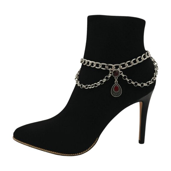 Women Silver Metal Boot Chain Bracelet Shoe Anklet Ethnic Drop Charm Red 2PCS - Picture 17 of 17